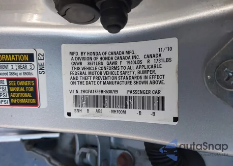 2011 Honda Civic Lx из США, поврежденный, VIN 2HGFA1F59BH530709